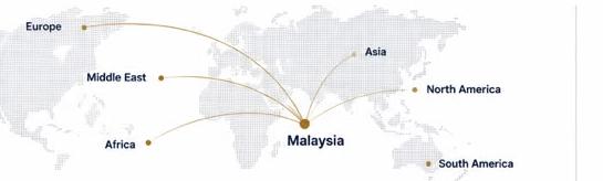 Global reach map showing Malaysia connected to Asia, Africa, Middle East, Europe, North and South America